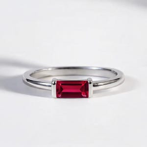 Ruby Baguette Ring: Silver Dainty July Birthstone Jewellery, Valentine's Day Gift, Gemstone Stacking Ring