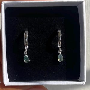 14k Solid Gold Moss Agate Hoop Earrings: Dangle Drop Jewelry