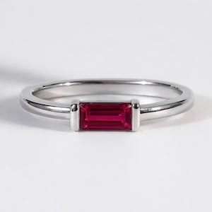 Ruby Baguette Ring: Silver Dainty July Birthstone Jewellery, Valentine's Day Gift, Gemstone Stacking Ring