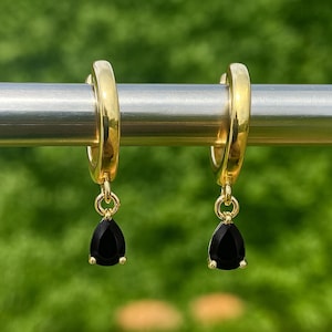 Dangle Onyx Hoop Earrings: 14k Solid Gold, Handmade Gemstone Jewelry