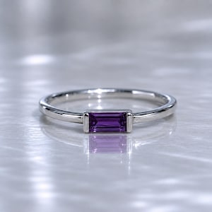 Natural Amethyst Baguette Ring: Silver Dainty Februrary Birthstone Jewellery, Gemstone Minimalist Stacking Ring