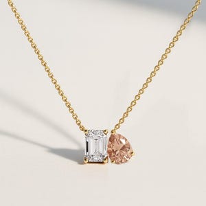 Toi et Moi Necklace, Pear Cut Morganite /Emerald Cut Moissanite Pendant Necklace,14k Solid Gold Two Stone Necklace,Wedding Anniversary Gifts