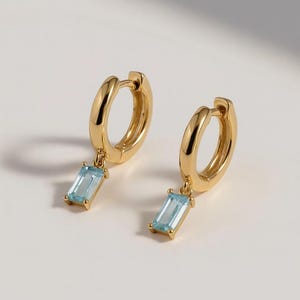 Blue Topaz Baguette Dangle Earrings: 14k Solid Gold Hoops, December Birthstone