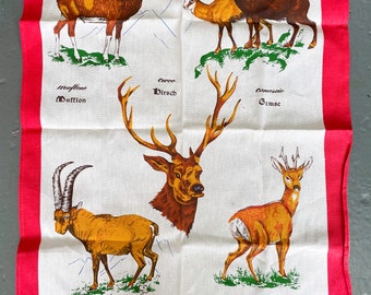 Vintage Animal Themed Tea Towel, Deer Species, Designed by J Maurey, Retro Kitchen Interior Design, Red Border