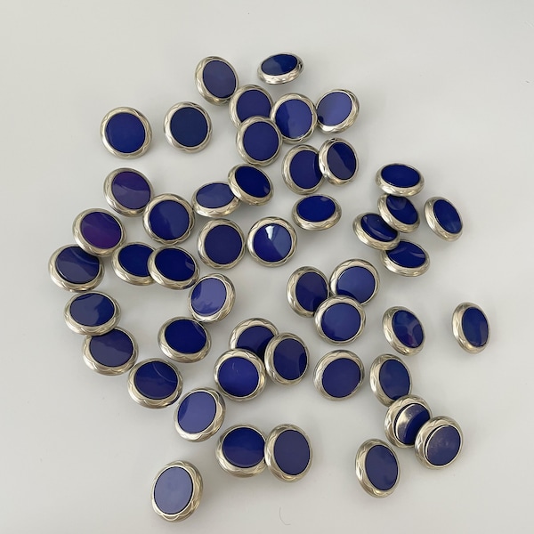 Lot de 12 Boutons Deadstock Bleu et Argent, Rond, Circulaire, Tige à l'Arrière, Couture, Couture, Original vintage des années 1980, années 80, DIY