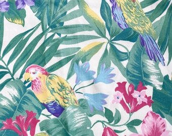 Vintage 70s Tropical Fabric Panel, 62 inches by 62 inches, Cotton, Vibrant Floral and Jungle Bird Parrot Print, Ideal for DIY interiors