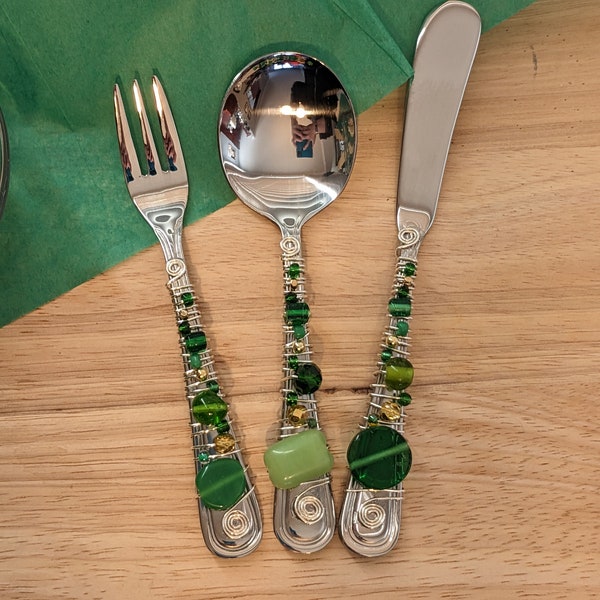 Green and Gold Beaded Appetizer Set, St. Patrick's Day Decor, Appetizer Fork, Cocktail Spoon, Cocktail Spreader, Wire Wrapped Cocktail Set