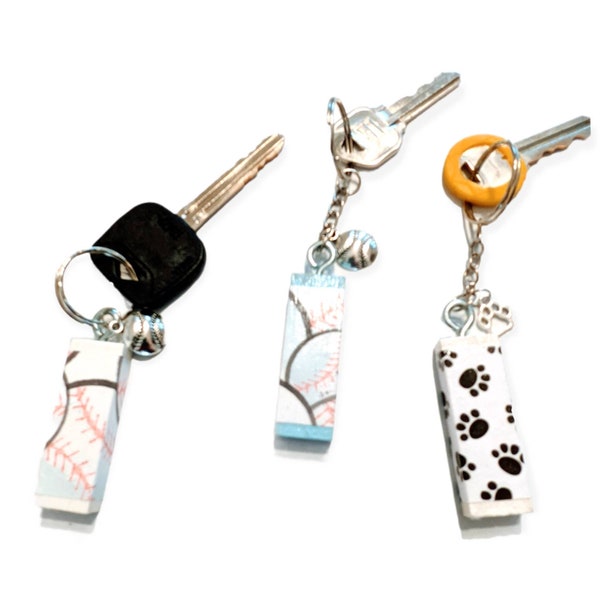 Mini Wood Block Keychain with Charm, "Jenga" block keychain, Baseball Keychain, Paw Print Keychain