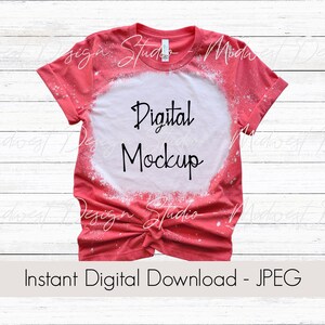 May include: A red bleached t-shirt mockup with a white circle in the center. The text "Digital Mockup" is written in black inside the circle.