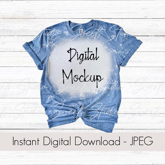 Bleached T-Shirt, Mockup, Gildan Softstyle Heather Indigo, Blue Adult Size, Lay flat Mockup, Digital T-Shirt Mockup G 64000, G 640