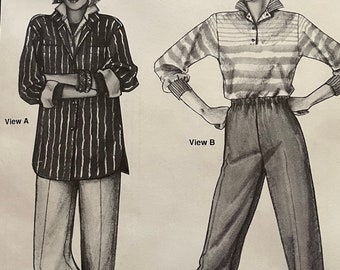 1980s Stretch & Sew pull-on and stirrup pants. Circa 1985. Hip sizes 32 to 48. Pattern is uncut.
