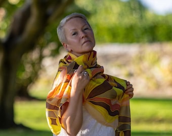 Hand-Painted Silk Scarf - Unique Pomegranate Design - Artistic Silk Shawl - Gift for Her - Botanical Silk Art Accessory. 105 x 105 cm.