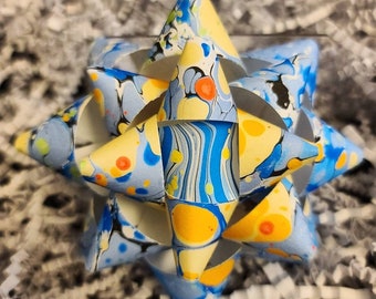 Gift bow - Blue yellow orange marbled handmade paper gift bow