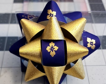 Gift bow - blue and gold floral paper gift bow with gold paper