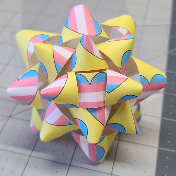 Gift bow - Trans Pride flag heart pattern handmade paper gift bow