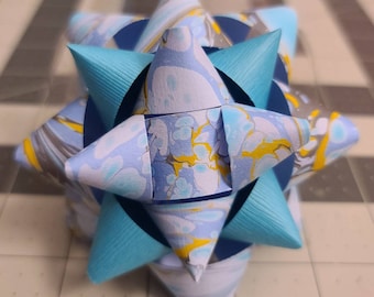 Gift bow - Turquoise periwinkle and goldenrod marbled paper handmade gift bow