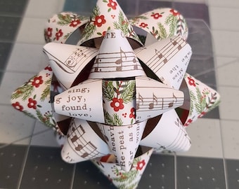 Gift bow -Red, green and white holiday floral and music handmade paper gift bow