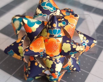 Gift bow - Navy blue orange gold and white floral paper gift bow