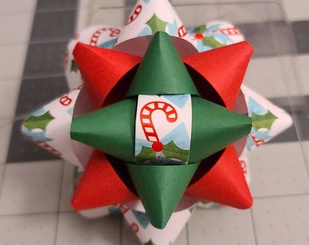 Holiday Gift bow - Red green and white candy cane holly handmade paper Christmas gift bow