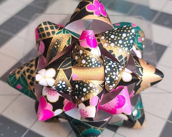 Gift bow - Black gold green and pink floral paper gift bow