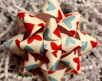 Gift bow - Red, white and blue hearts Valentine's Day handmade paper gift bow