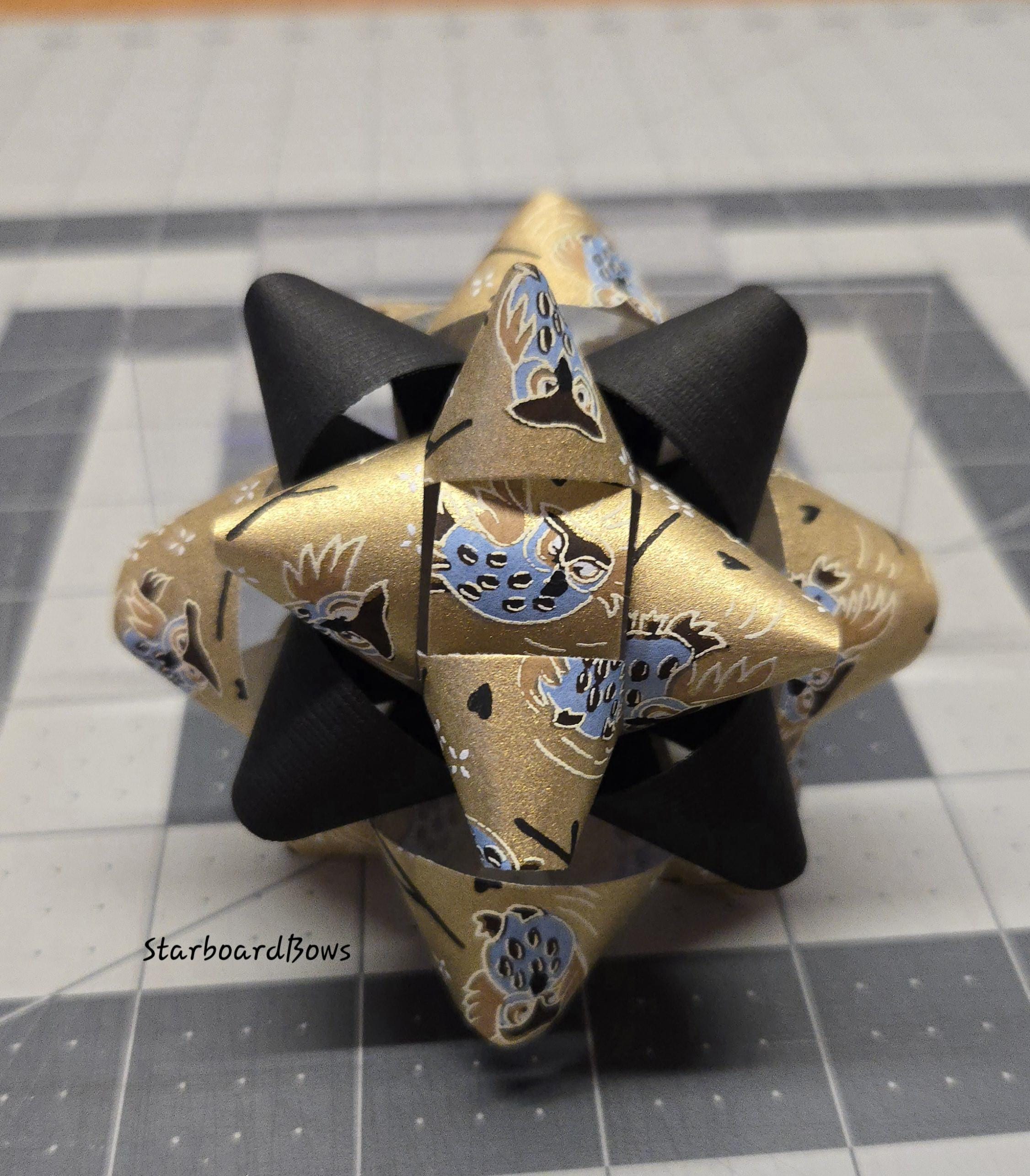 Gift bow - Gold, blue and brown owl Chiyogami and black linen handmade paper gift bow