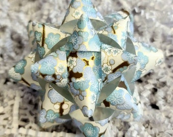 Gift bow - Blue white and gold cherry blossom floral handmade paper gift bow