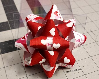 Gift bow - Pink white and red Valentine with hearts handmade paper gift bow