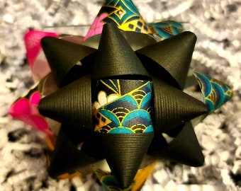 Gift bow - Black gold green and pink floral Chiyogami handmade paper gift bow