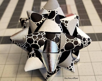 Big Gift bow - black, silver and gray circle patterned paper gift bow