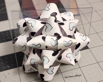 Gift bow - Blue, black and white hearts Valentine's Day handmade paper gift bow