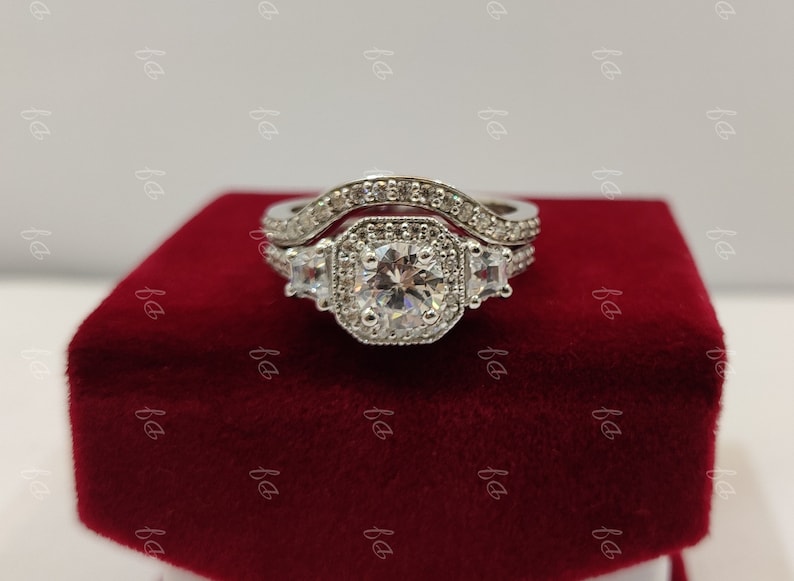 1930s vintage 2Ct White round Cut Diamond engagement Wedding Bridal ring Set in 925 Sterling Silver,Antique engagement ring,bridal ring set, image 2