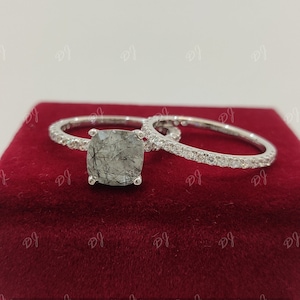 2.10Ct salt and pepper Cushion Cut Diamond Engagement wedding Ring set in 925 Sterling Silver, salt and pepper ring, bridal ring set, gifts