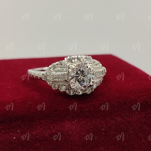 jaren 1930 2,20 kt witte ronde geslepen verlovingstrouwring in 925 sterlingzilver, antieke verlovingsring, art-decoring,