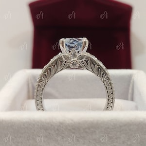 Aquamarijn vintage ring, 2,0 Ct Aquamarijn ronde geslepen verlovingsring in 925 sterling zilver, art deco ring, ringen voor dames, geschenken