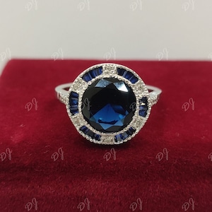 1930s Vintage 2.30ct blue sapphire Round cut wedding engagement ring in sterling silver,antique engagement rings,art deco ring,rings,gifts