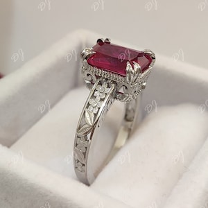 vintage 2.30ct Red radiant cut Ruby engagement ring in 925 sterling silver ring, ruby ring, rings for women, flower ring, gift for her, gift