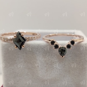 1.50 carat black kite cut diamond engagement wedding ring set in 925 sterling silver,bridal ring set,wedding sets,kite engagement ring,gifts