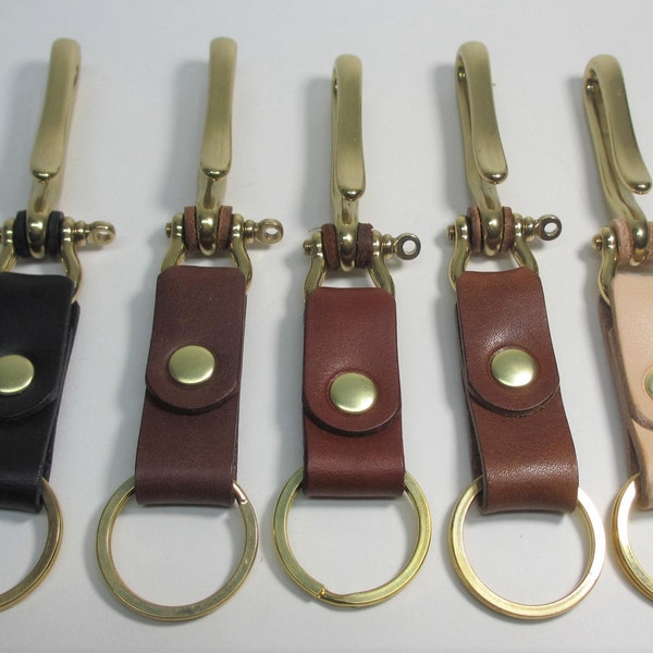 Heavy duty solid brass fish hook key chain with veg tan leather accent