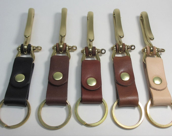 Heavy duty solid brass fish hook key chain with veg tan leather accent