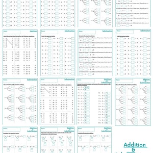 Puede incluir: Una hoja de trabajo en blanco y negro con problemas de suma y resta para niños. La hoja de trabajo incluye varios ejercicios, como encontrar números perdidos, completar ecuaciones y hacer coincidir números.