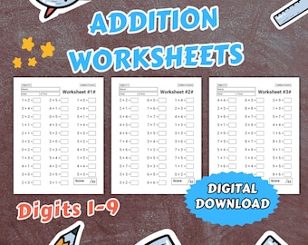 May include: A set of three printable addition worksheets for kids. Each worksheet features 12 addition problems using numbers 1 through 9. The worksheets are titled "Worksheet #19", "Worksheet #29", and "Worksheet #39". The title of the set is "Addition Worksheets Digits 1-9".