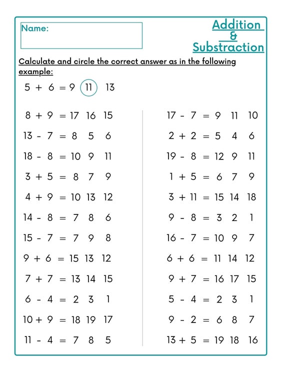 addition and subtraction worksheets printable 1st grade etsy