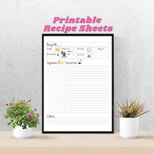 Printable Recipe Sheets | Recipe Sheet For Meal Planners | Recipe Planner Page | Recipe Book  | Size 8.5 x 11 | INSTANT DOWNLOAD