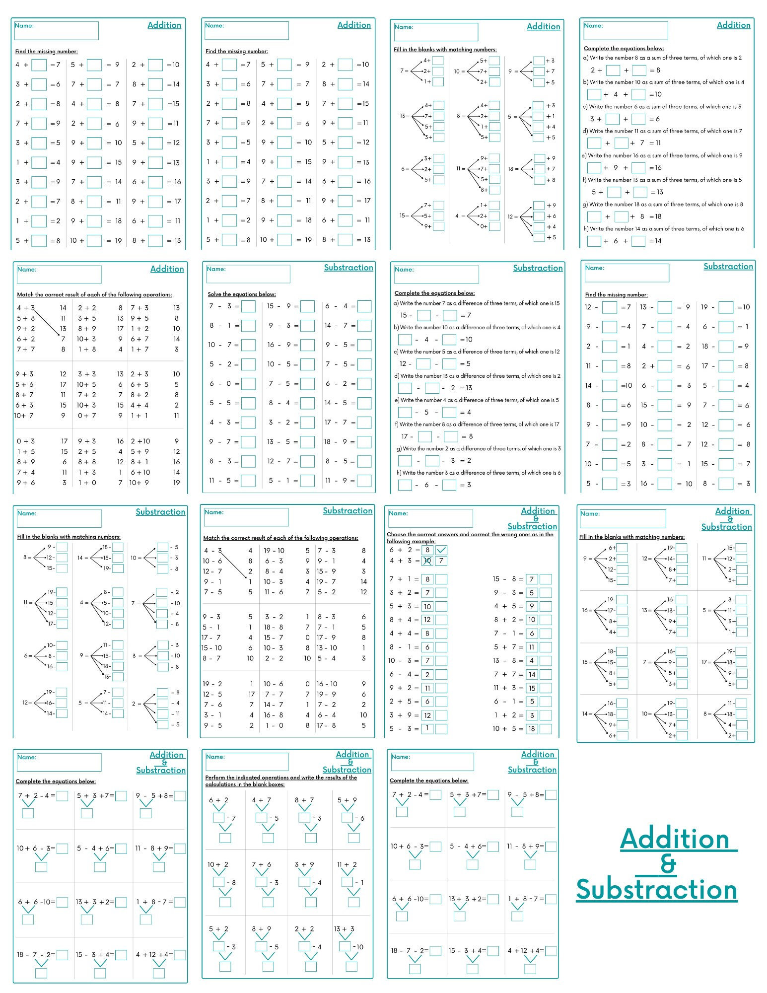 addition and subtraction worksheets printable 1st grade etsy