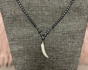 Hematite Necklace with Mother of Pearl Horn, 17" Length
