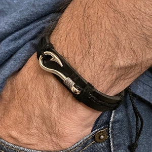 Mens Leather Fish Hook Bracelet 