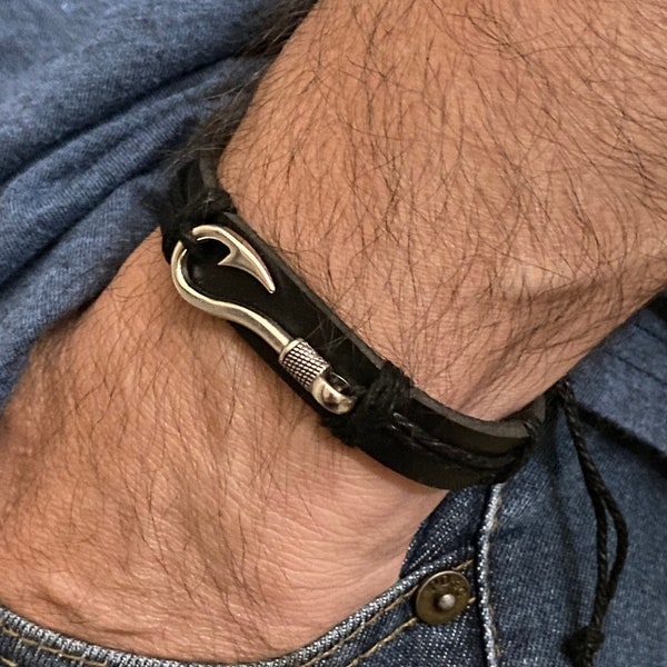 Men's Fish Hook Leather Bracelet