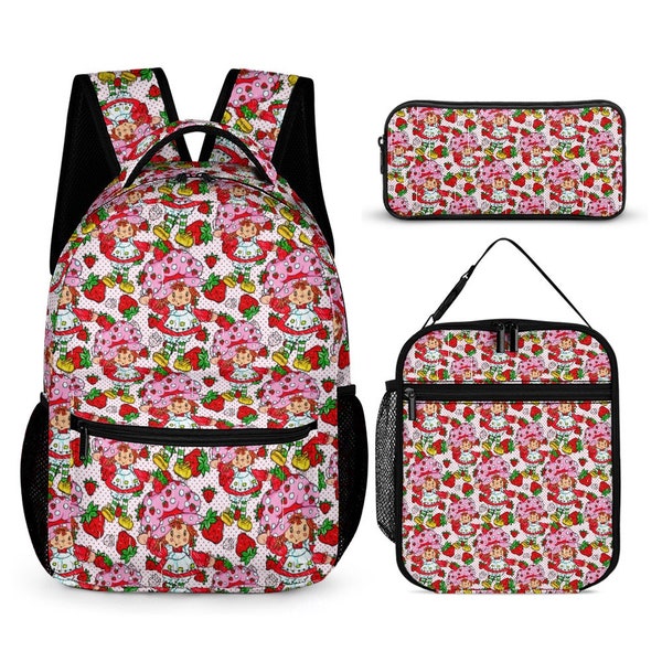 Strawberry * vintage 80’s cartoon * Three piece bag set * backpack * lunch tote * pencil case * retro * nostalgia