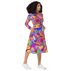 Flower Power * 60&#39;s & 70&#39;s * retro * hippie dress * Woman&#39;s long sleeve midi dress * trippy * psychedelic * festival fashion * rave * Boho
